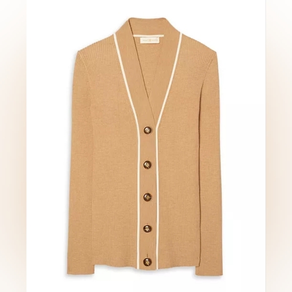 Tory Burch Ribbed Merino Wool Blend Simone Cardigan - Picture 3 of 9